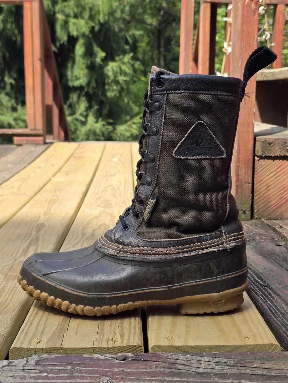 Rocky Vtg Gore-Tex Brown Leather, Olive Green Canvas Rubber 11.5” Boots, Sz 8